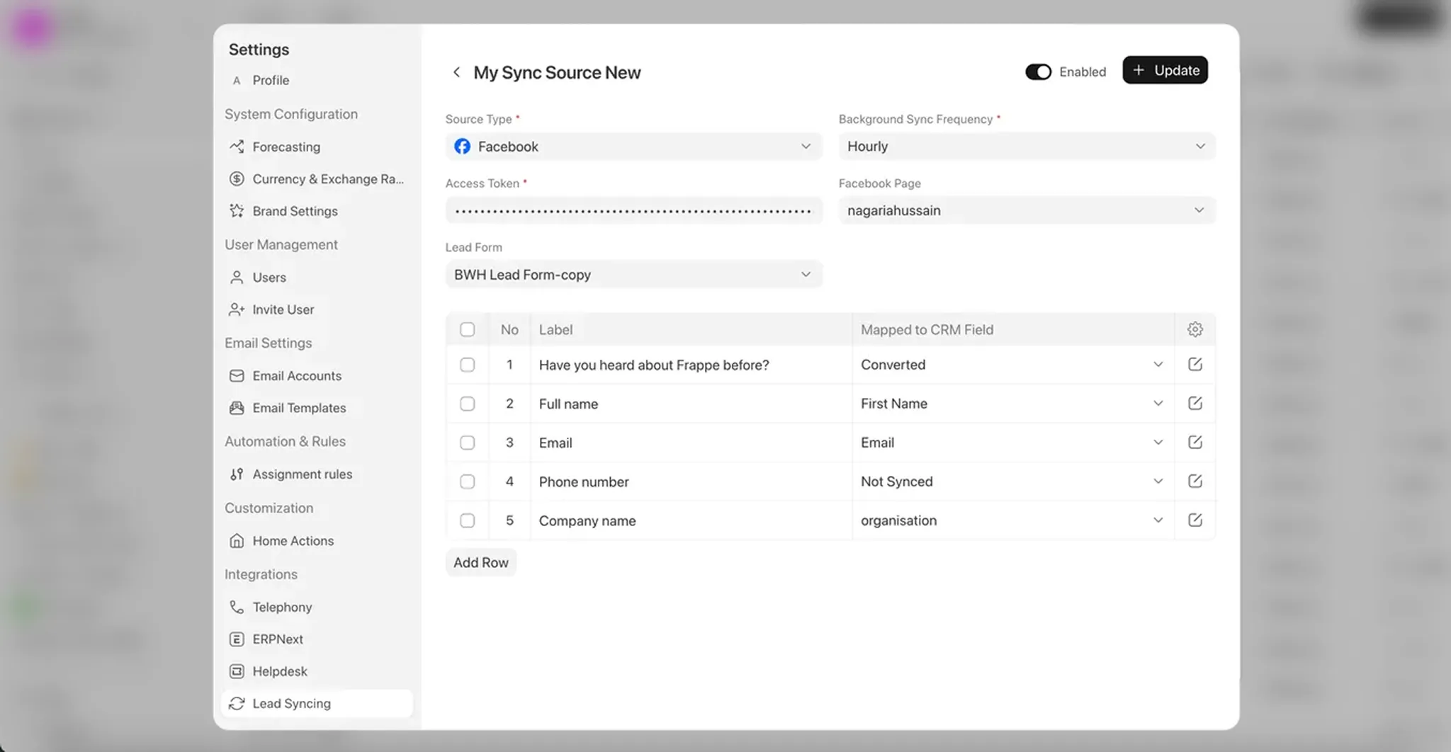 Screen showcasing Frappe CRM's setting page for Lead syncing, that allows your sales team to automatically log any incoming lead from Facebook and Instagram as a lead